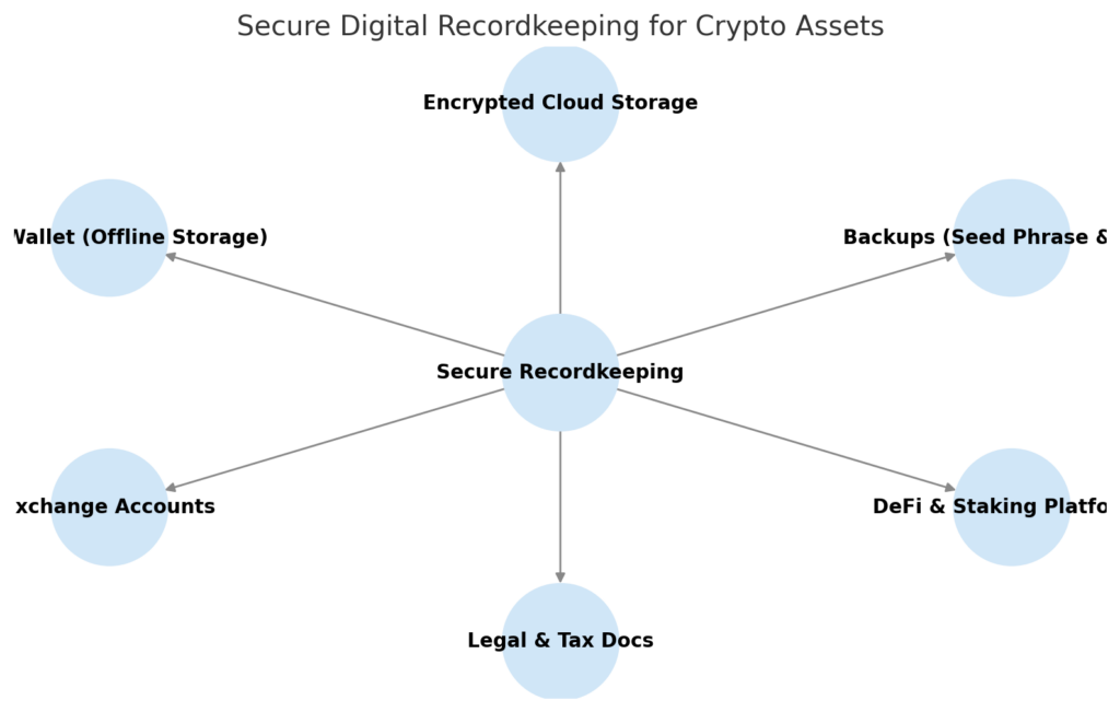 Diagram of secure digital recordkeeping for crypto assets.