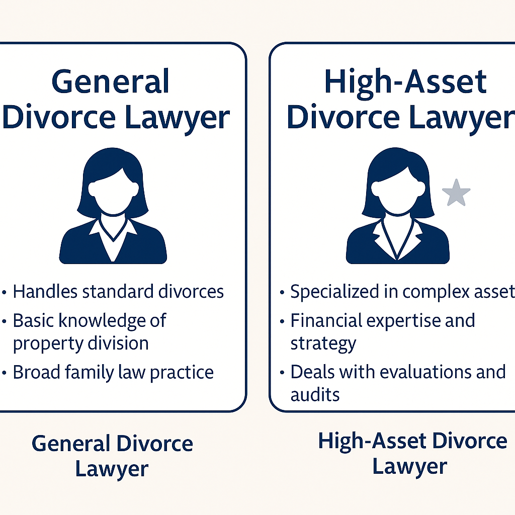 Infographic comparing general divorce lawyers with high-asset divorce attorneys by expertise and case type.