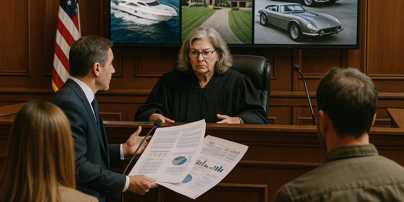 Divorce courtroom scene showing asset division of luxury items including a yacht, estate, and vintage cars in a high net worth NJ case.