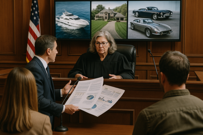 Divorce courtroom scene showing asset division of luxury items including a yacht, estate, and vintage cars in a high net worth NJ case.