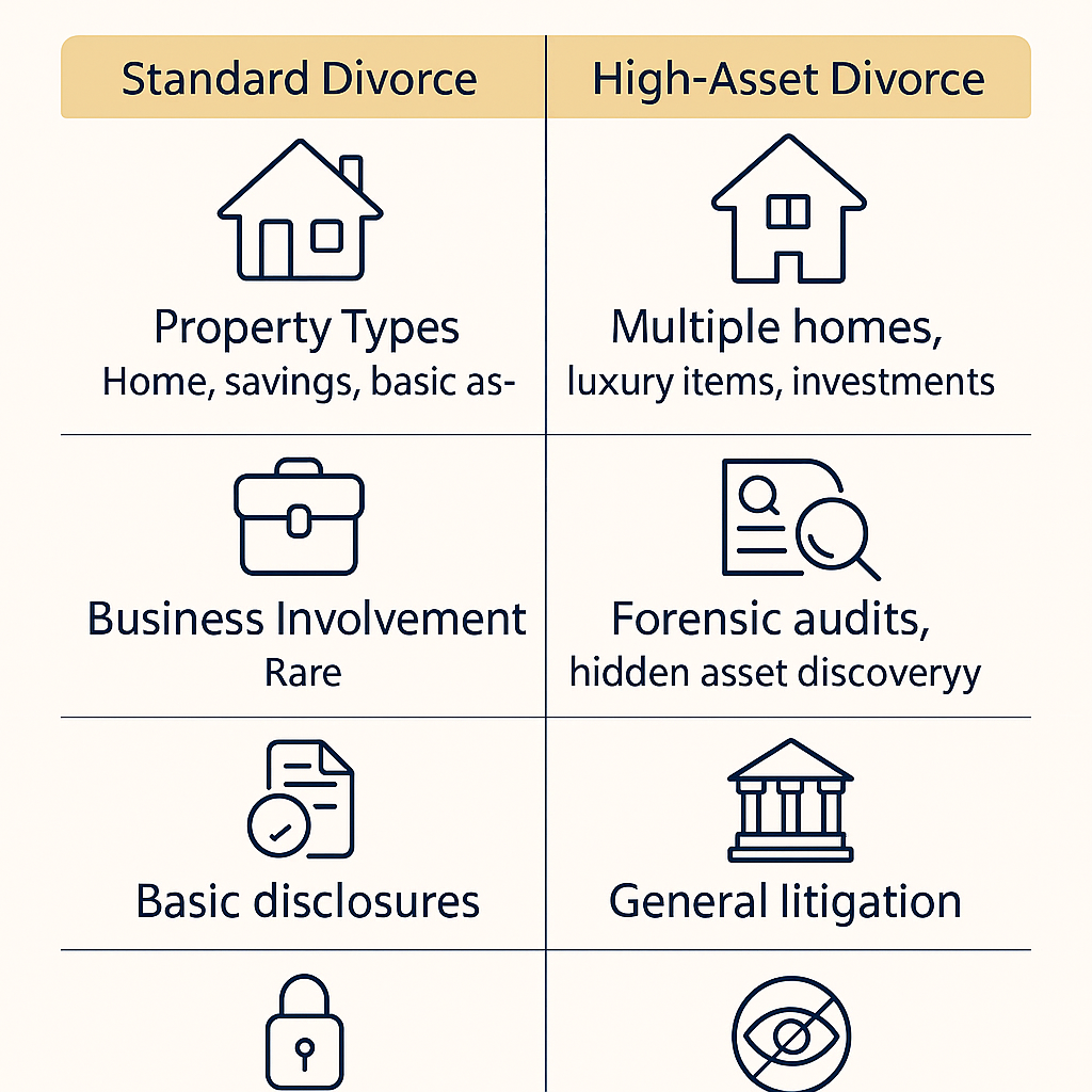 Infographic comparing standard divorce and high-asset divorce, highlighting differences in property types, financial complexity, court strategy, and privacy needs.
