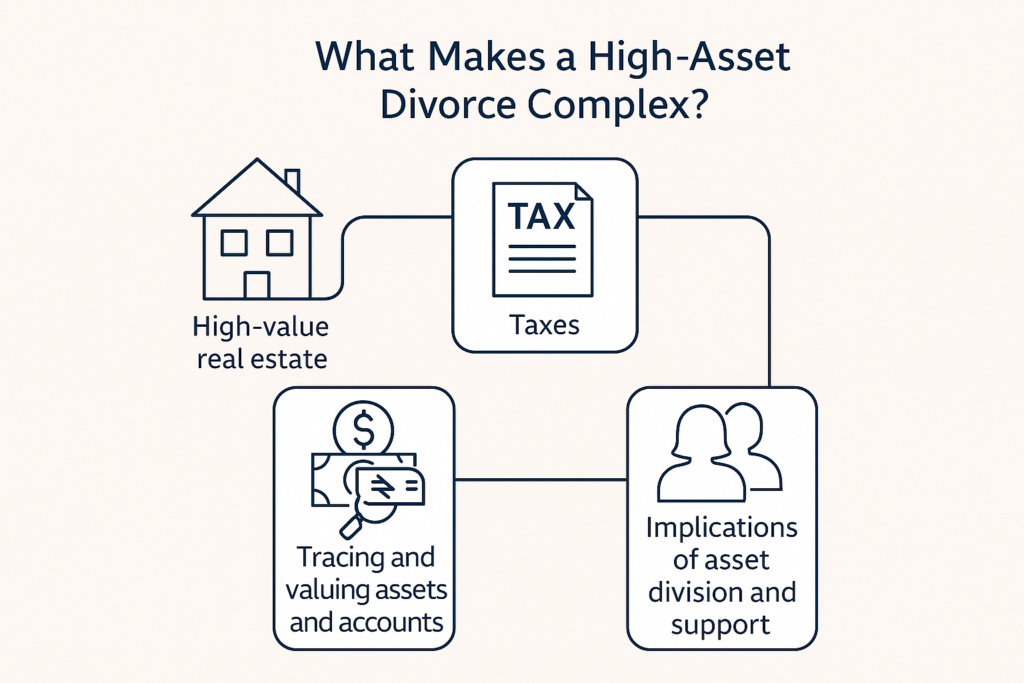 Flowchart illustrating factors that make high-asset divorces complex, including business ownership, tax issues, asset tracing, and real estate.