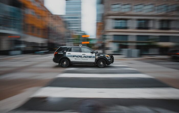 Police car driving.
