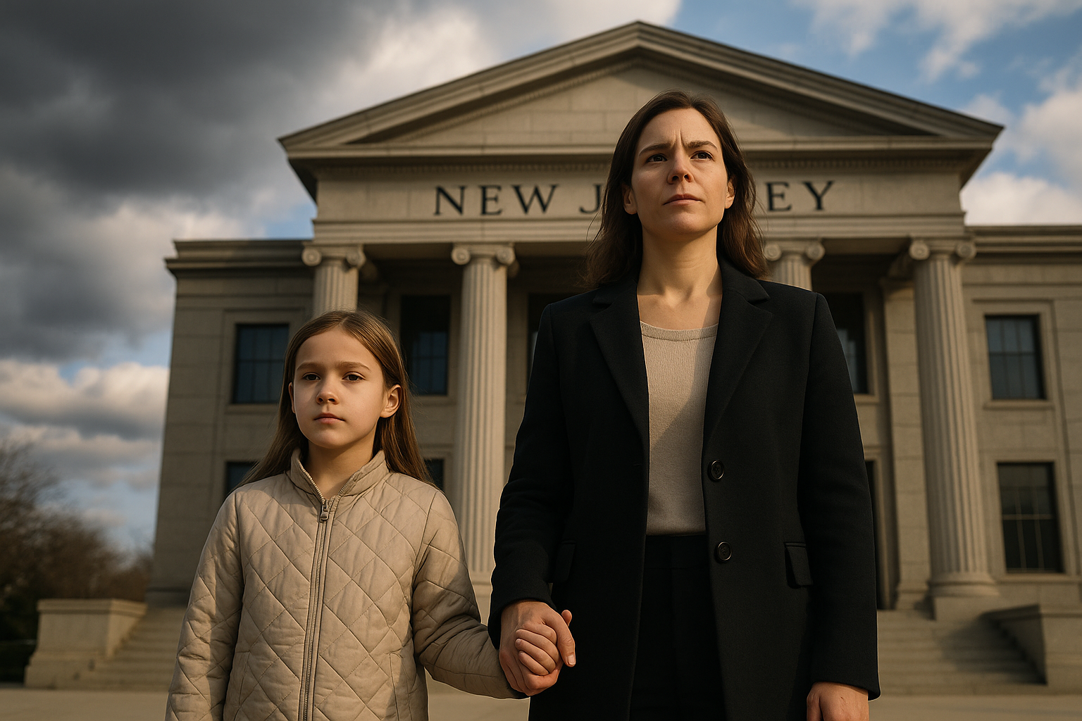 Parent and child outside New Jersey courthouse, ready for custody hearing