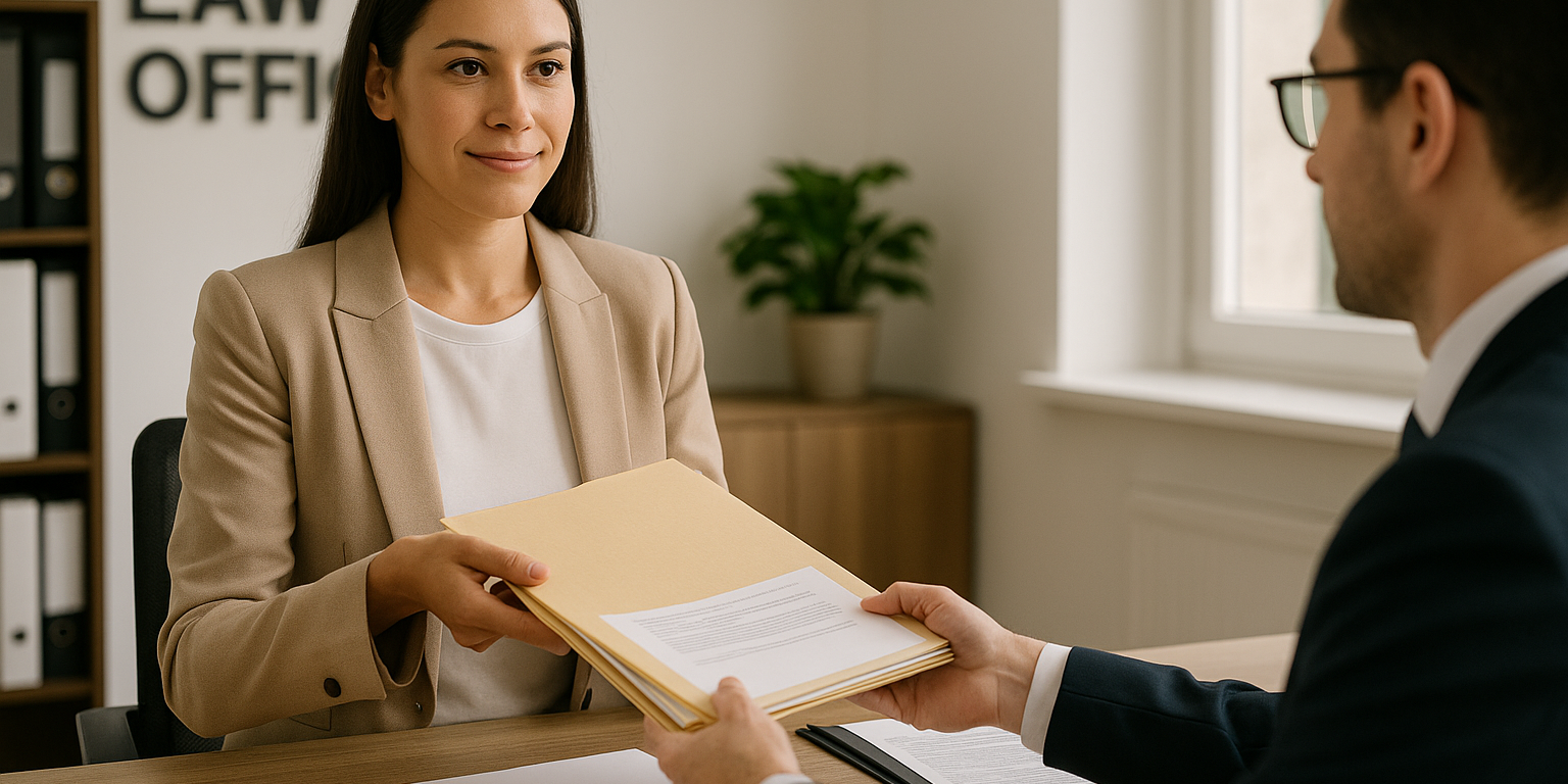Preparing for Your Divorce Lawyer Consultation New Jersey divorce client handing documents to their lawyer.