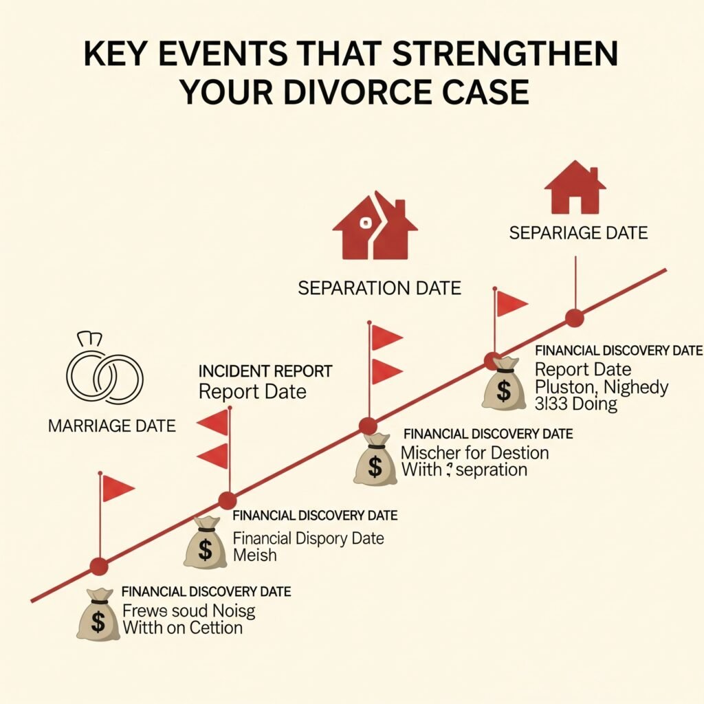 Timeline of key personal events that help a divorce lawyer build a case.