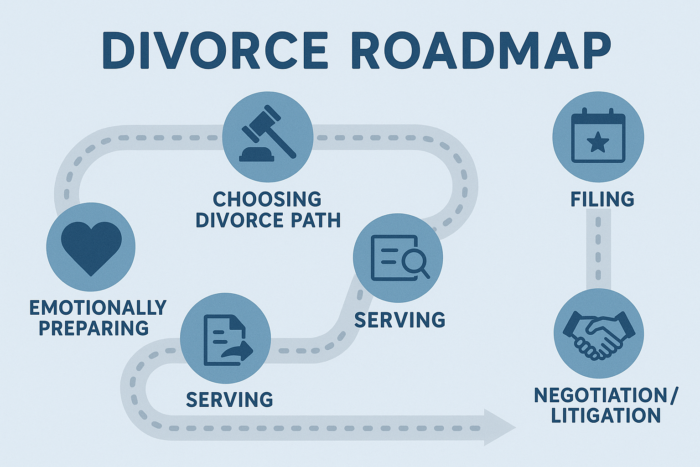 NJ divorce process illustrated as a roadmap with seven clear steps.